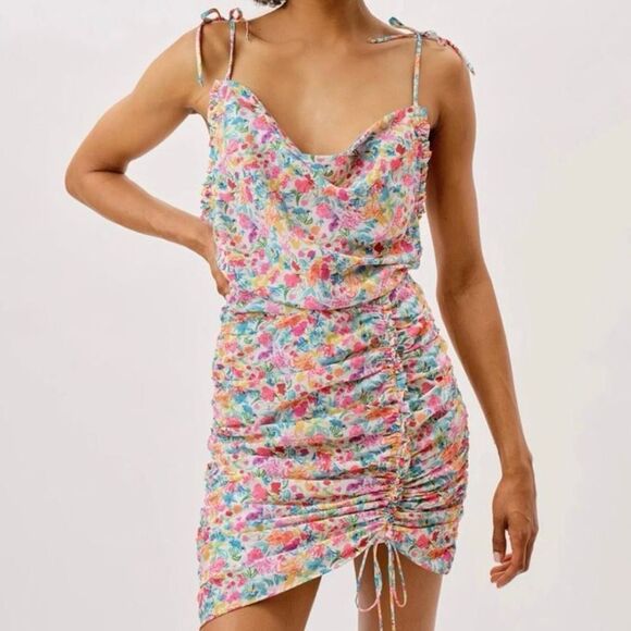 For Love & Lemons Leah Floral Cowl Neck Drawstring Skirt Mini Dress Size Small - Picture 8 of 8